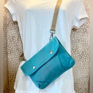Doughnut Crossbody Belt Bag, blue & tan, waterproof, recycled nylon, snap zip